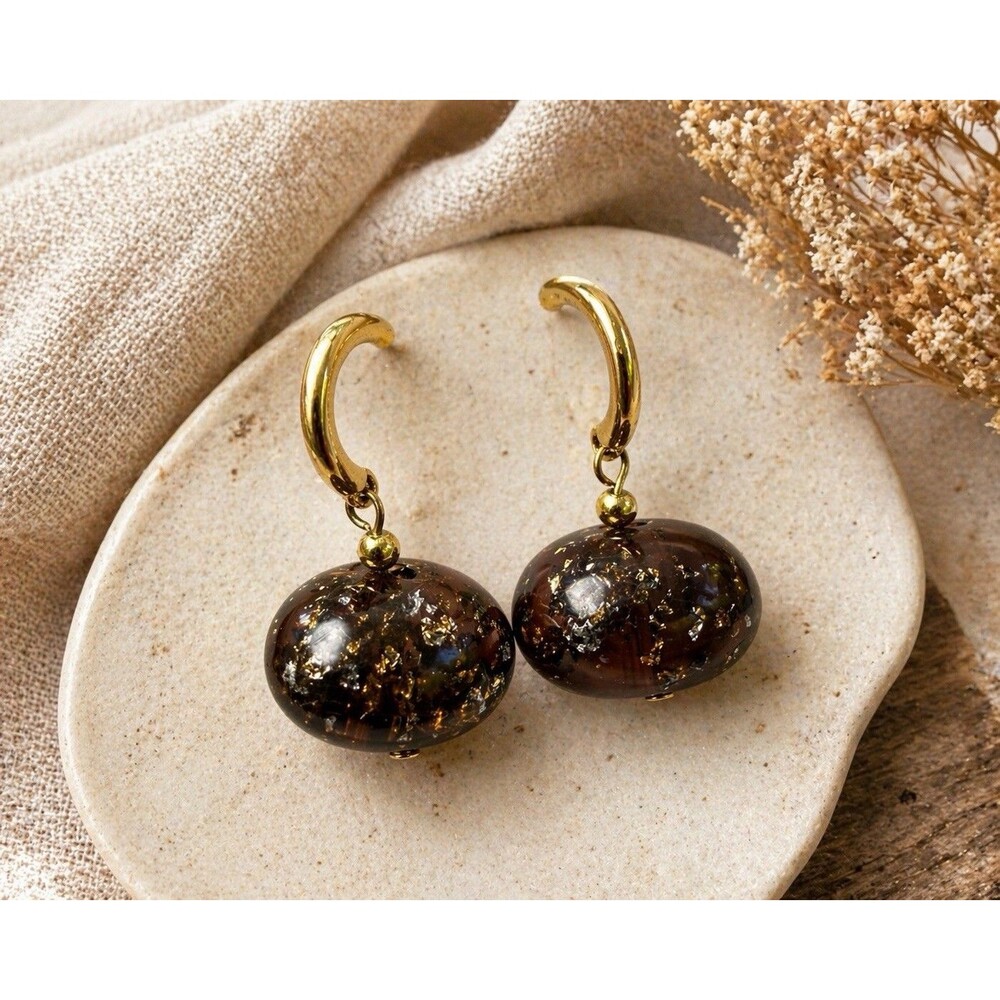 Vintage Brown Resin Gold Fleck Drop Earrings Chunky Oval Dangle Boho 1970s